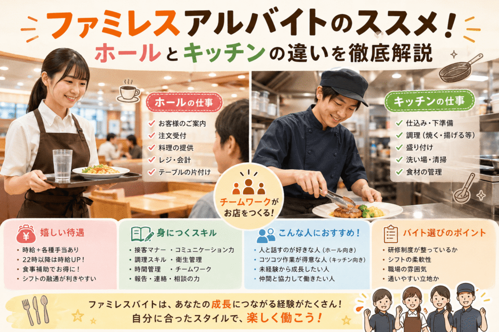 ファミレスアルバイトのススメ!ホールとキッチンの違いを徹底解説