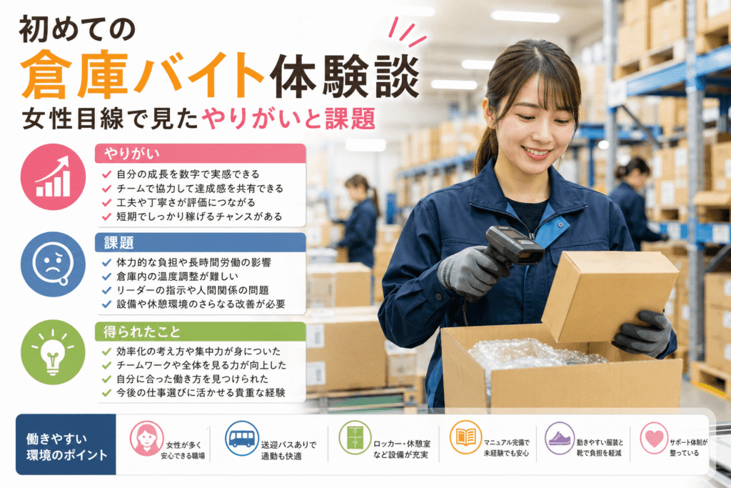 初めての倉庫バイト体験談:女性目線で見たやりがいと課題