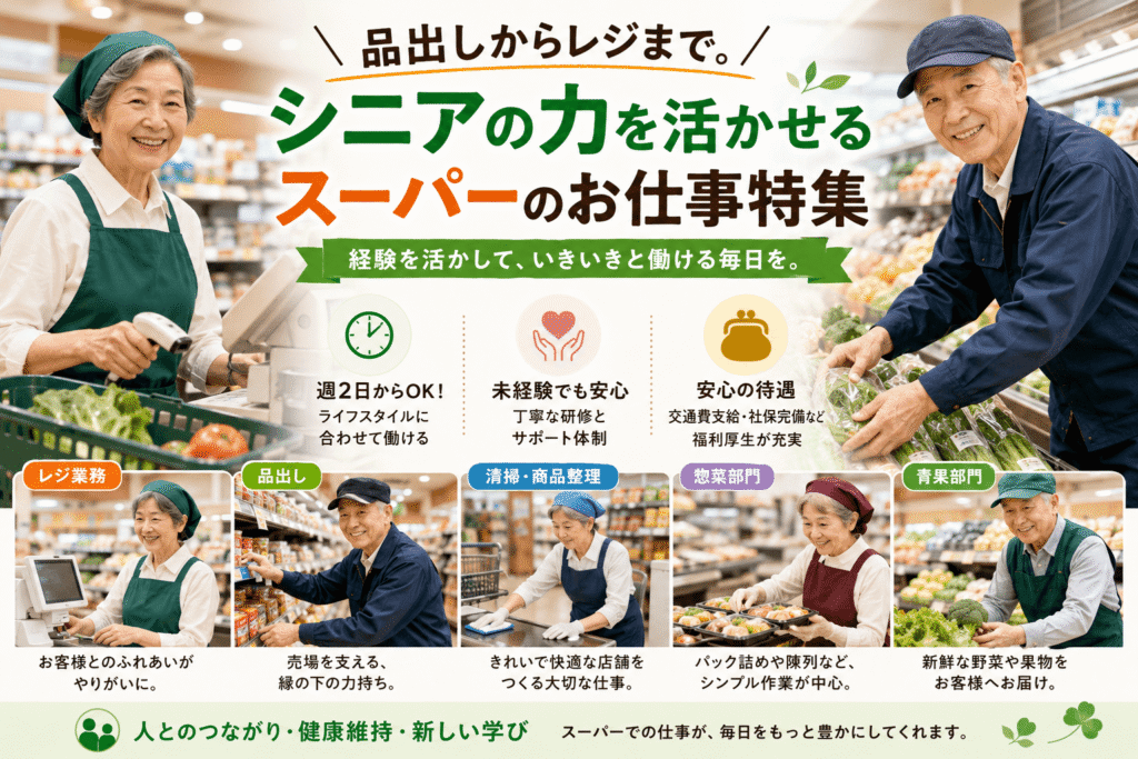 品出しからレジまで。シニアの力を活かせるスーパーのお仕事特集