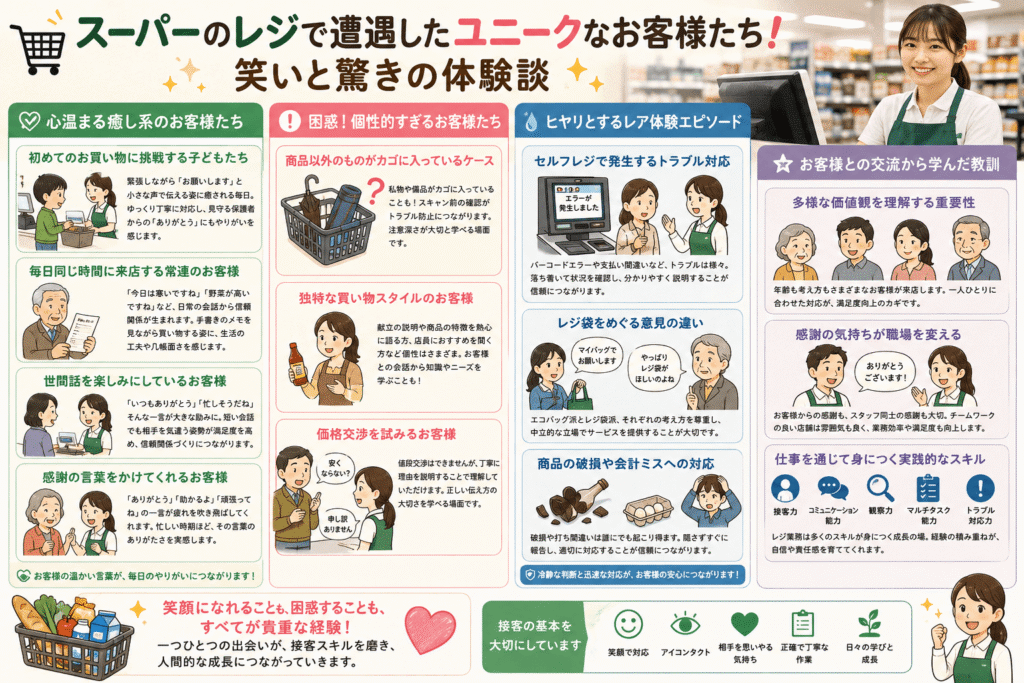 スーパーのレジで遭遇したユニークなお客様たち！笑いと驚きの体験談