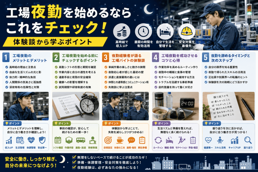 工場夜勤を始めるならこれをチェック！体験談から学ぶポイント