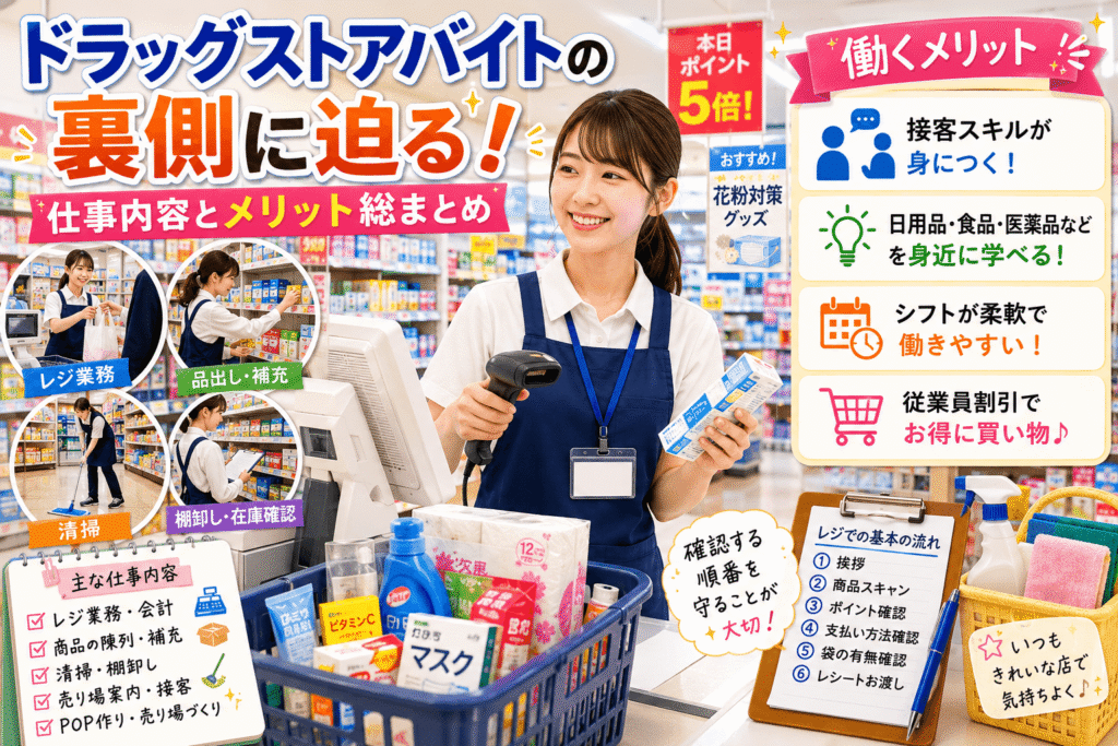 ドラッグストアバイトの裏側に迫る!仕事内容とメリット総まとめ